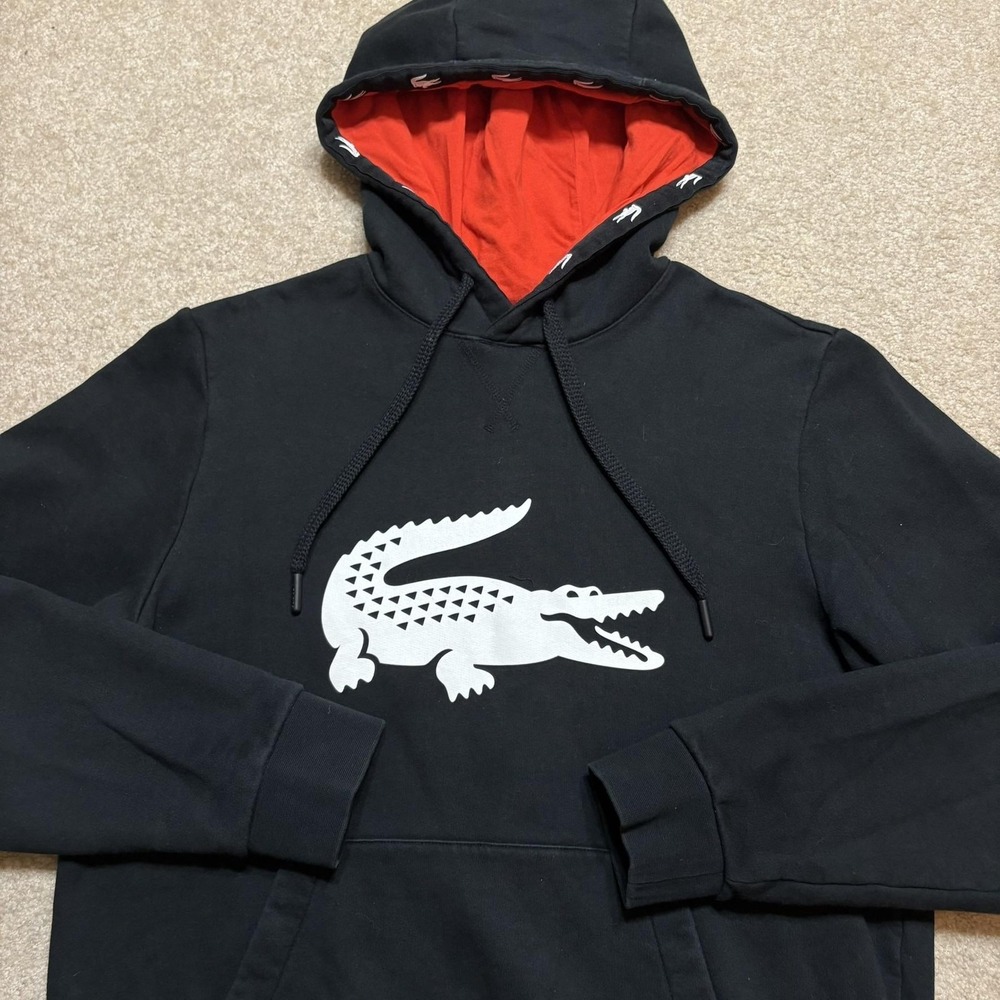 Lacoste Sport Hoodie Sweatshirt Mens Medium Black Big Croc Logo Fleece Pullover